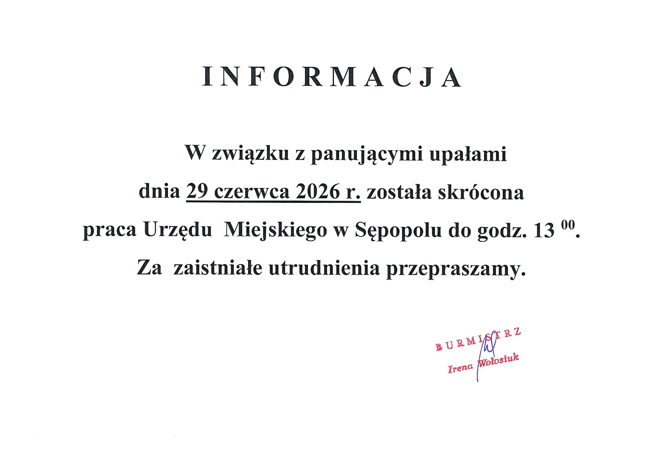 Ilustracja do informacji: Informacja o skróconym czasie pracy Urzędu Miejskiego w Sępopolu