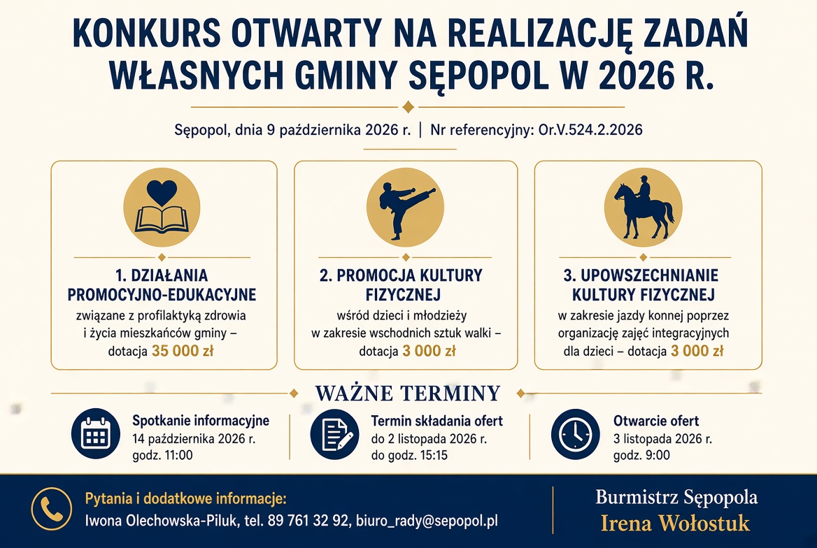 Ilustracja do informacji: Ogłoszenie otwartego konkursu ofert z dnia 9 października 2026 r. na realizację zadań własnych Gminy Sępopol w 2026 r. 