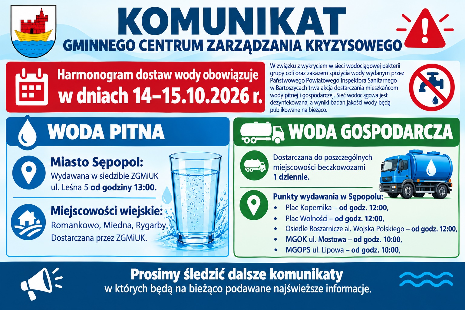 Ilustracja do informacji: UWAGA! ZAKAZ SPOŻYWANIA WODY Z WODOCIĄGU w Sępopolu, Romankowie, Miednej i Rygarbach