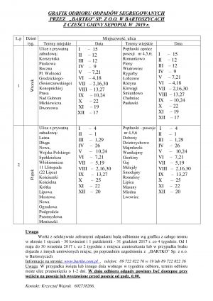 Miniatura zdjęcia: Grafik wywozu segregowanych z gm. Sępopol - 2019 BARTKO
